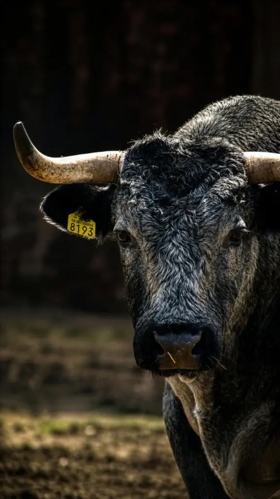 Retrato de frente de un toro bravo de El Junco con su arete